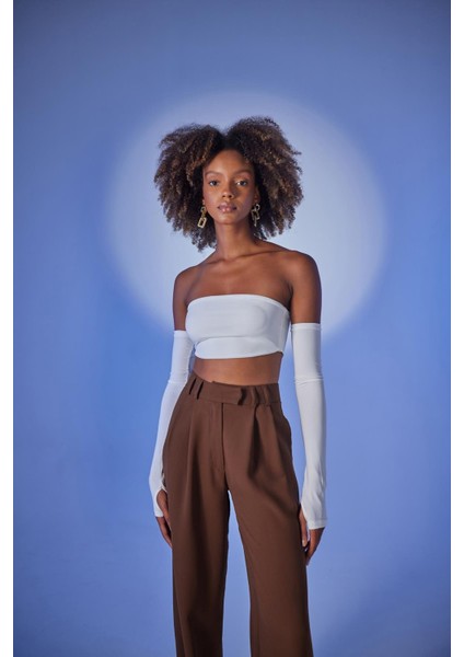 Kadın Ekru Straplez Crop Kol Detaylı Noir Bluz fiyatları