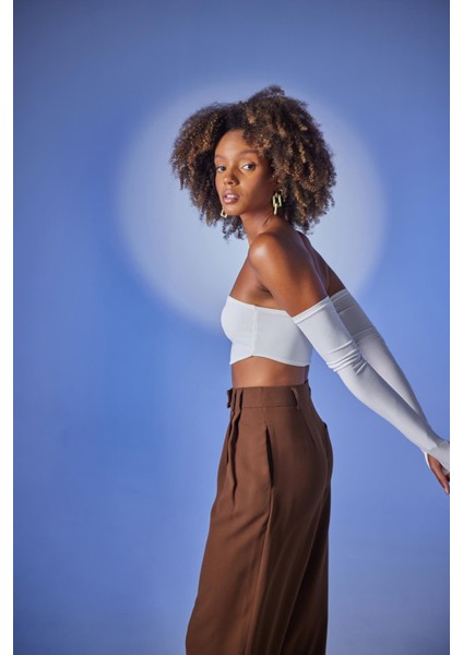 Kadın Ekru Straplez Crop Kol Detaylı Noir Bluz fırsatları