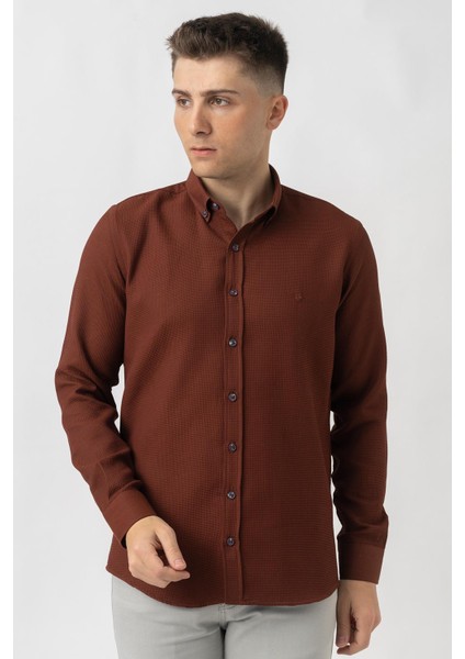 Aarau G1001 Armürlü Pamuklu Regular Fit Gömlek Taba