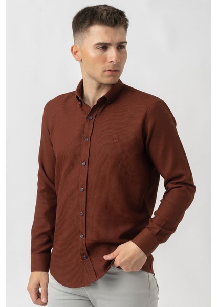 Aarau G1001 Armürlü Pamuklu Regular Fit Gömlek Taba