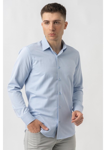 Adliswil G9501 Regular Fit Armürlü Pamuklu Gömlek Mavi