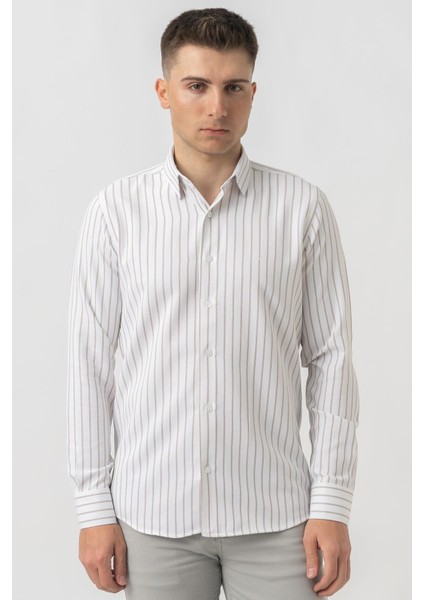 Agno G17384 Regular Fit Armürlü Pamuklu Gömlek Bej