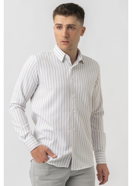 Agno G17384 Regular Fit Armürlü Pamuklu Gömlek Bej modelleri