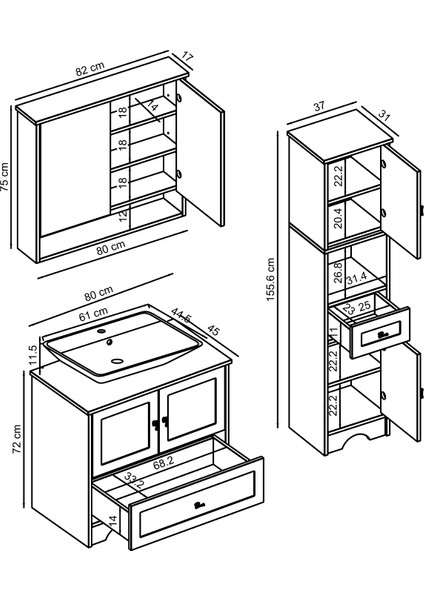 Lavabolu Mat Beyaz Mdf 80 cm Çekmeceli Banyo Dolabı + Aynalı Üst Dolabı + Boy Dolabı