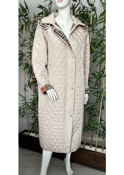 Kadın Büyük Beden Ekose 120 cm Mevsimlik Açık Bej Kapitone Mont 1042