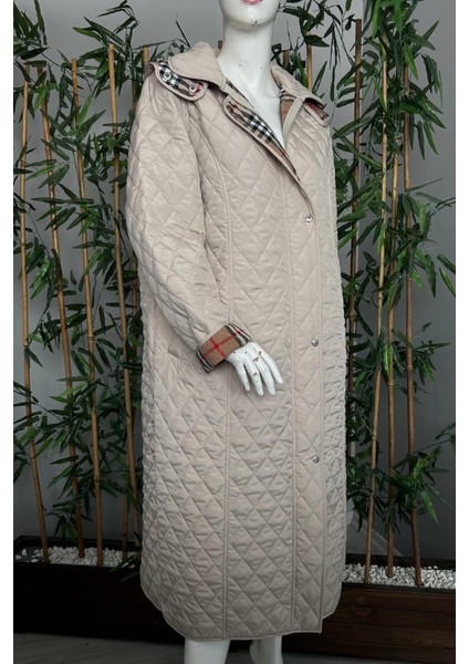 Kadın Büyük Beden Ekose 120 cm Mevsimlik Açık Bej Kapitone Mont 1042 fiyatları