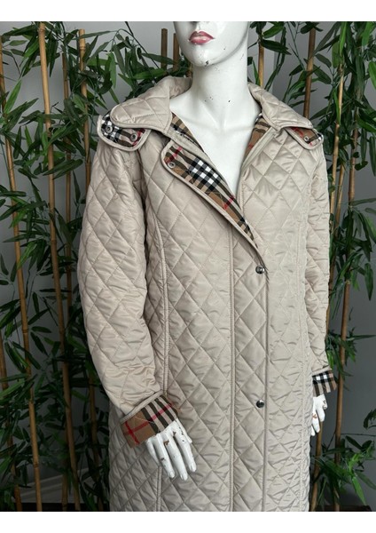 Kadın Büyük Beden Ekose 120 cm Mevsimlik Açık Bej Kapitone Mont 1042 modelleri