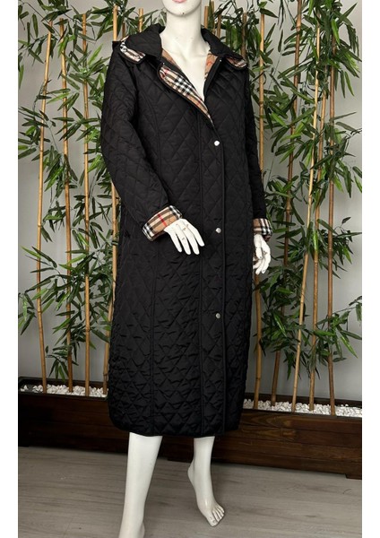 Kadın Büyük Beden Ekose 120 cm Mevsimlik Siyah Kapitone Mont 1042