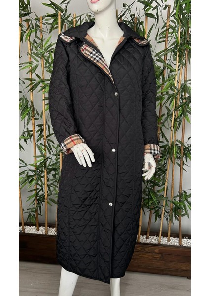 Kadın Büyük Beden Ekose 120 cm Mevsimlik Siyah Kapitone Mont 1042 fiyatları