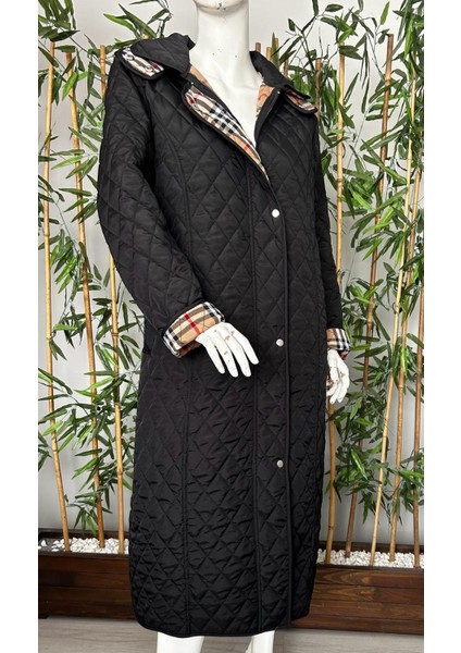 Kadın Büyük Beden Ekose 120 cm Mevsimlik Siyah Kapitone Mont 1042 modelleri