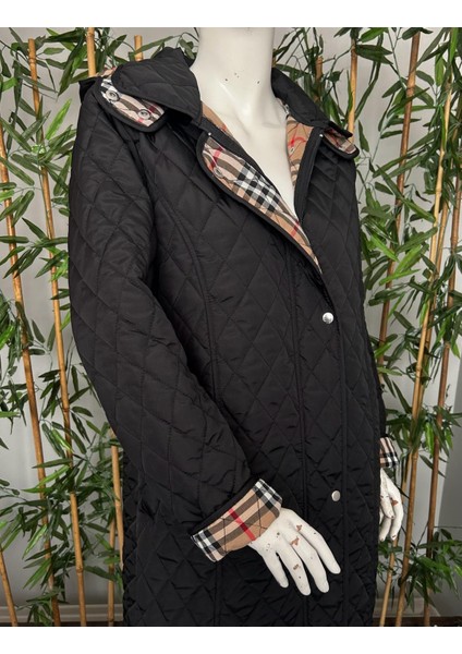 Kadın Büyük Beden Ekose 120 cm Mevsimlik Siyah Kapitone Mont 1042 fırsatları