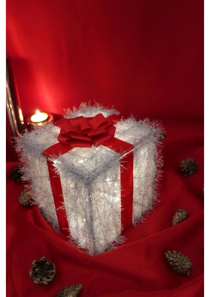 Yılbaşı Ağacı Noel LED Işıklı Hediye Kutusu Paketi Yılbaşı Kırmızı