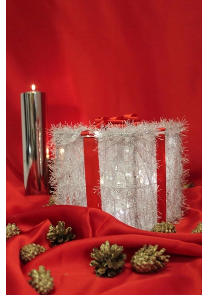 Yılbaşı Ağacı Noel LED Işıklı Hediye Kutusu Paketi Yılbaşı Kırmızı