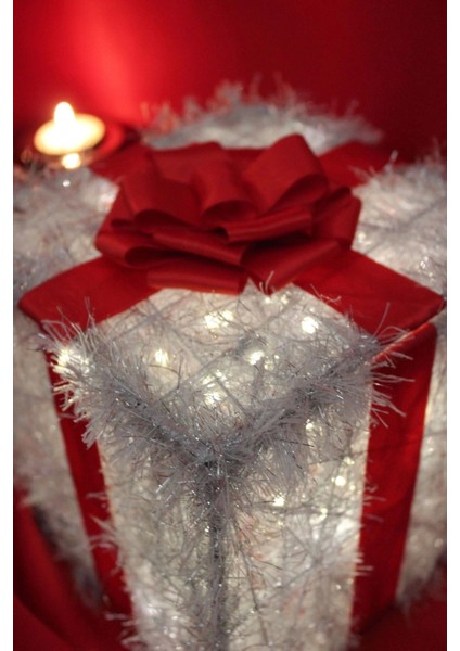 Yılbaşı Ağacı Noel LED Işıklı Hediye Kutusu Paketi Yılbaşı Kırmızı
