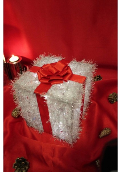 Yılbaşı Ağacı Noel LED Işıklı Hediye Kutusu Paketi Yılbaşı Kırmızı