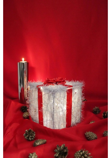 Yılbaşı Ağacı Noel LED Işıklı Hediye Kutusu Paketi Yılbaşı Kırmızı
