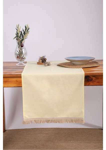 Premium Keten Sarı Püsküllü Runner Masa Örtüsü(45 x 150)