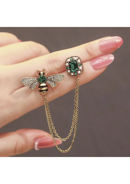 Broş Metal Rozet Yeşil Taşlı Zincirli Yaka Kıyafet Şapka Takı Aksesuar Arı Bee Honey Brooch Rosette fiyatları