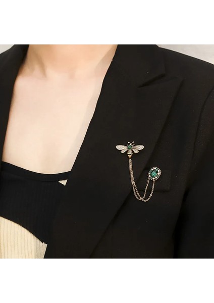 Broş Metal Rozet Yeşil Taşlı Zincirli Yaka Kıyafet Şapka Takı Aksesuar Arı Bee Honey Brooch Rosette modelleri
