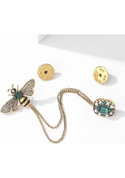 Broş Metal Rozet Yeşil Taşlı Zincirli Yaka Kıyafet Şapka Takı Aksesuar Arı Bee Honey Brooch Rosette indirimleri