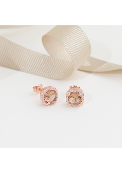 925 Ayar Rose Kaplama Zultanit Tek Taşlı Gümüş Küpe