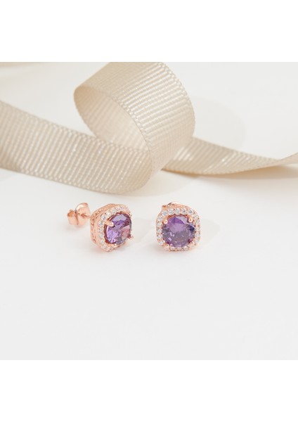925 Ayar Rose Kaplama Ametist Taşlı Tek Taş Gümüş Küpe