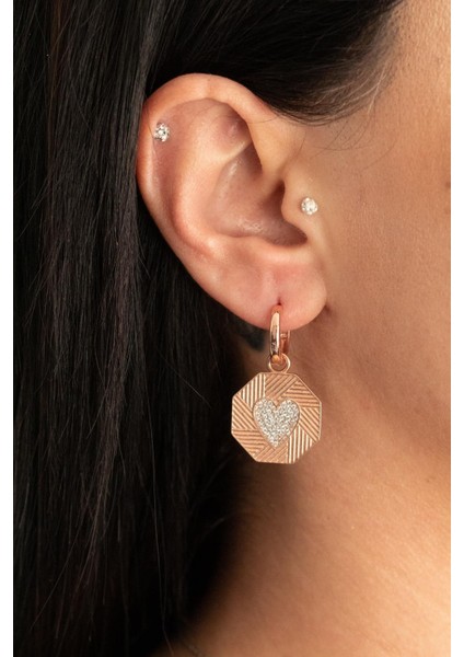 925 Ayar Gümüş Kalp Detaylı Altıgen Küpe modelleri