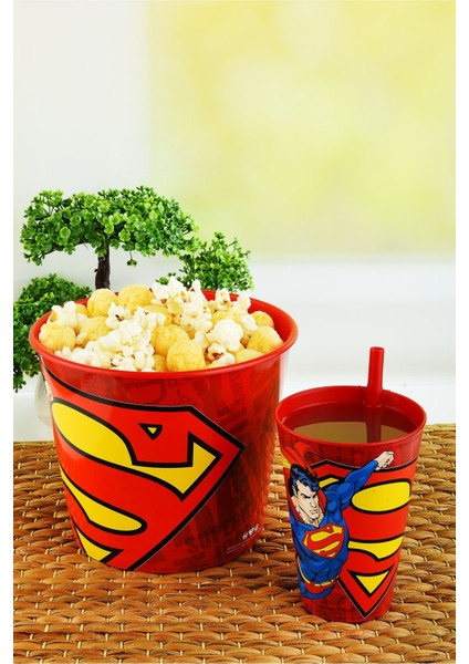 Süperman Mısır & Popcorn Kutusu+Pipetli Bardak 400 Ml.