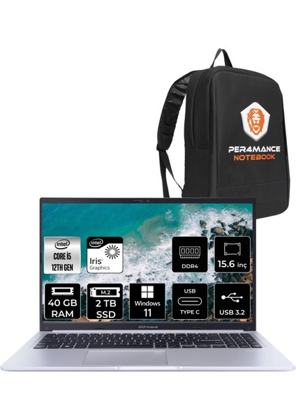 Vivobook 15 Intel Core I5 1235U 40GB 2tb SSD 15.6'' Fhd W11P Taşınabilir Bilgisayar X1502ZA-EJ030W & Per4 Çanta EJ030WP111