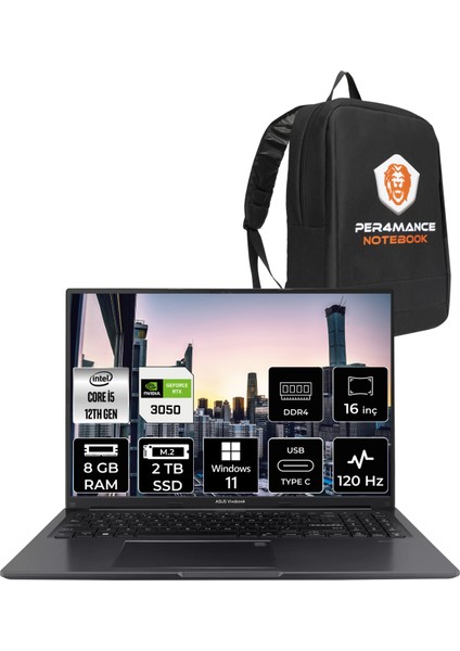 Vivobook 16X Intel Core I5 12450H 8gb 2tb SSD RTX3050 16'' Fhd+ W11H Taşınabilir Bilgisayar K3605ZC-N1013W & Per4 Çanta N1013WP71