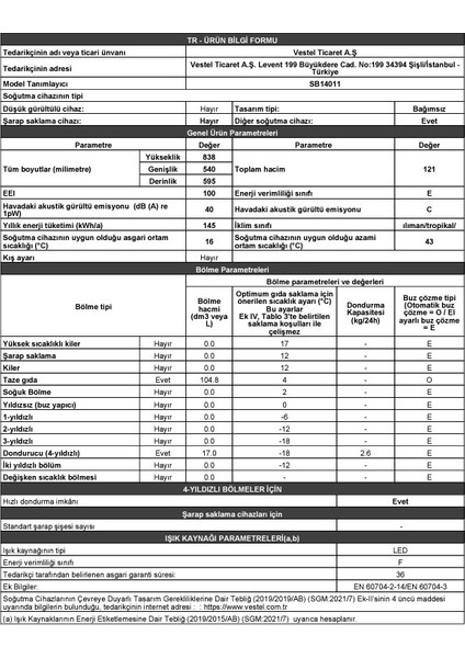 SB14011 121 Lt Statik Buzdolabı