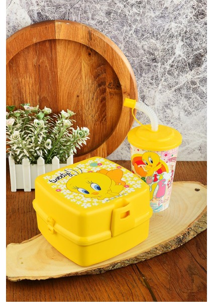 Tweety Iki Katlı Beslenme Kutusu+Kapaklı Pipetli Bardak 400 Ml.