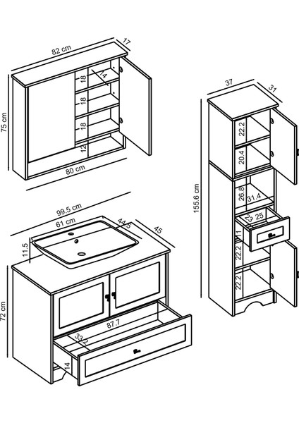 Lavabolu Mat Beyaz Mdf 100 cm Çekmeceli Banyo Dolabı + Aynalı Üst Dolabı + Boy Dolabı