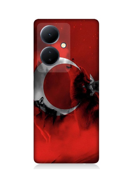 Vivo V29 Lite Uyumlu Türk Bayrağı ve Kurt Desenli Silikon Kılıf