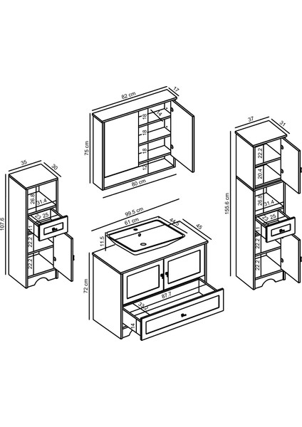 Lavabolu Mat Beyaz Mdf 100 cm Çekmeceli Banyo Dolabı + Aynalı Üst Dolabı + 2 Adet Boy Dolabı