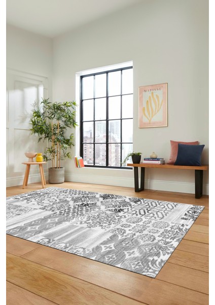 Dijital Kaymaz Taban Yıkanabilir Patchwork Desen Yolluk Mutfak Salon Halısı, Patchwork-02-Gri,