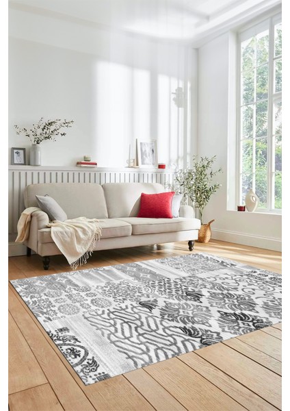 Dijital Kaymaz Taban Yıkanabilir Patchwork Desen Yolluk Mutfak Salon Halısı, Patchwork-02-Gri,