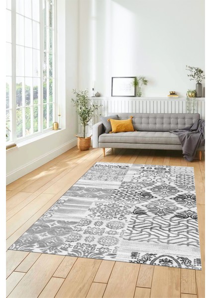 Dijital Kaymaz Taban Yıkanabilir Patchwork Desen Yolluk Mutfak Salon Halısı, Patchwork-02-Gri,