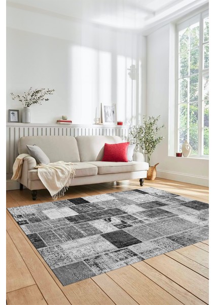 Dijital Kaymaz Taban Yıkanabilir Patchwork Desen Yolluk Mutfak Salon Halısı, Patchwork-03-Gri,