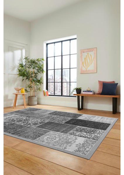 Dijital Kaymaz Taban Yıkanabilir Patchwork Desen Yolluk Mutfak Salon Halısı, Patchwork-01-Gri,