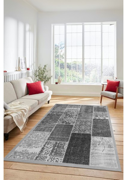 Dijital Kaymaz Taban Yıkanabilir Patchwork Desen Yolluk Mutfak Salon Halısı, Patchwork-01-Gri,