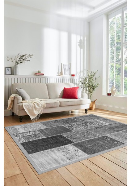 Dijital Kaymaz Taban Yıkanabilir Patchwork Desen Yolluk Mutfak Salon Halısı, Patchwork-01-Gri,