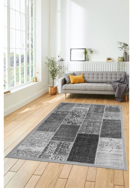 Dijital Kaymaz Taban Yıkanabilir Patchwork Desen Yolluk Mutfak Salon Halısı, Patchwork-01-Gri,