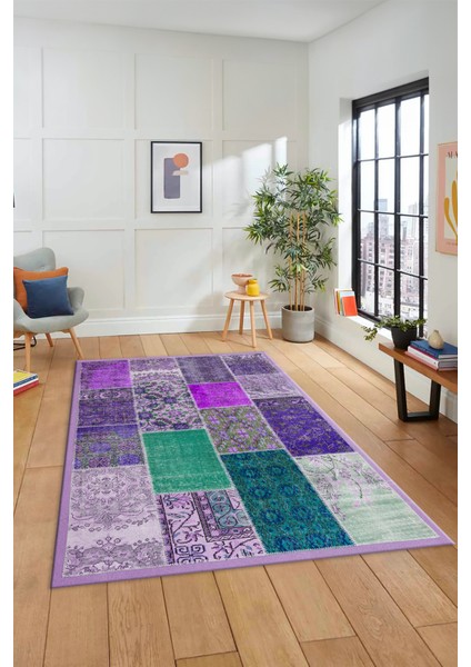 Dijital Kaymaz Taban Yıkanabilir Patchwork Desen Yolluk Mutfak Salon Halısı, Patchwork-01-Mor,