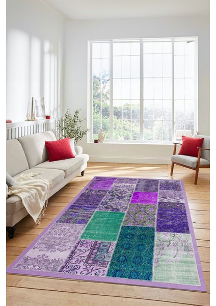 Dijital Kaymaz Taban Yıkanabilir Patchwork Desen Yolluk Mutfak Salon Halısı, Patchwork-01-Mor,