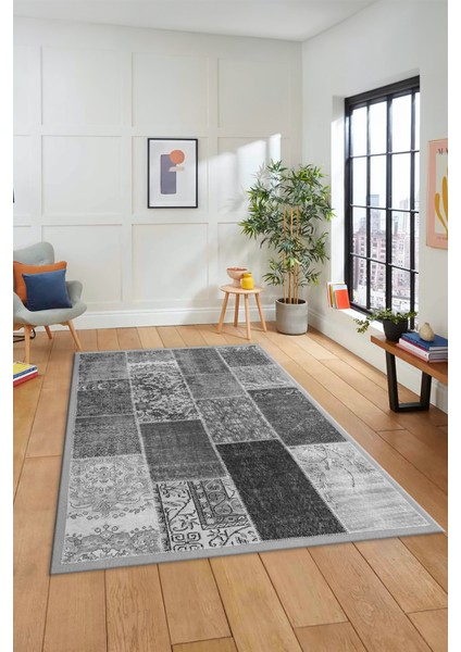 Dijital Kaymaz Taban Yıkanabilir Patchwork Desen Yolluk Mutfak Salon Halısı, Patchwork-01-Gri,