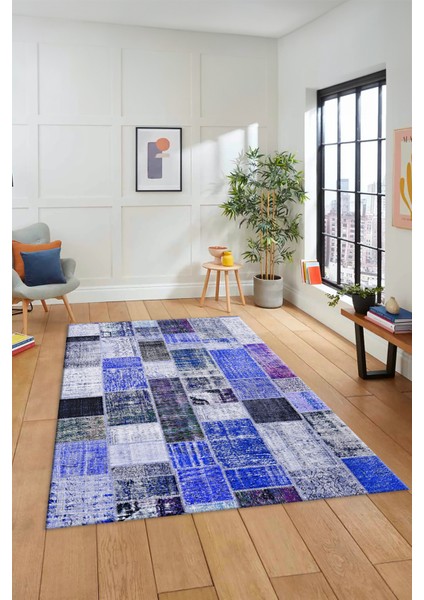 Dijital Kaymaz Taban Yıkanabilir Patchwork Desen Yolluk Mutfak Salon Halısı, Patchwork-03-Mavi,