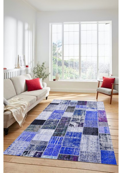 Dijital Kaymaz Taban Yıkanabilir Patchwork Desen Yolluk Mutfak Salon Halısı, Patchwork-03-Mavi,