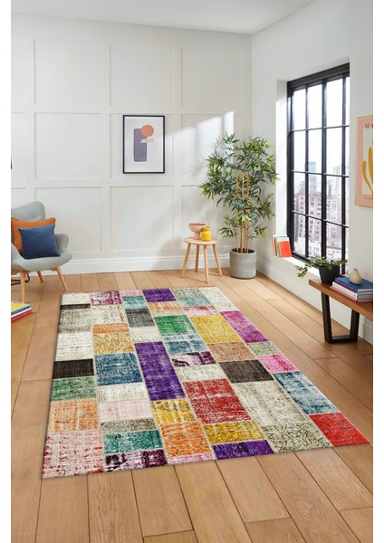 Dijital Kaymaz Taban Yıkanabilir Patchwork Desen Yolluk Mutfak Salon Halısı, Patchwork-03-Renkli,