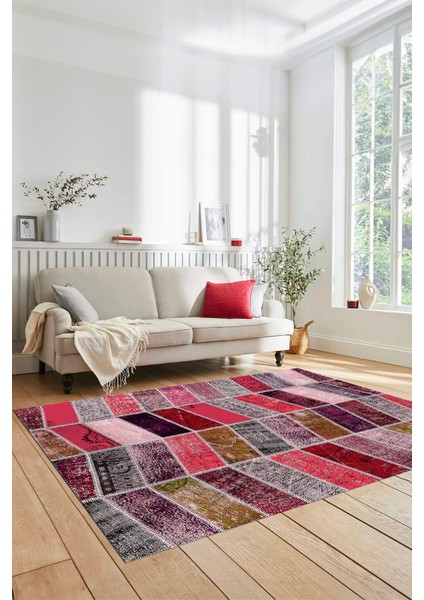 Dijital Kaymaz Taban Yıkanabilir Patchwork Desen Yolluk Mutfak Salon Halısı, Patchwork-10-Kırmızı,